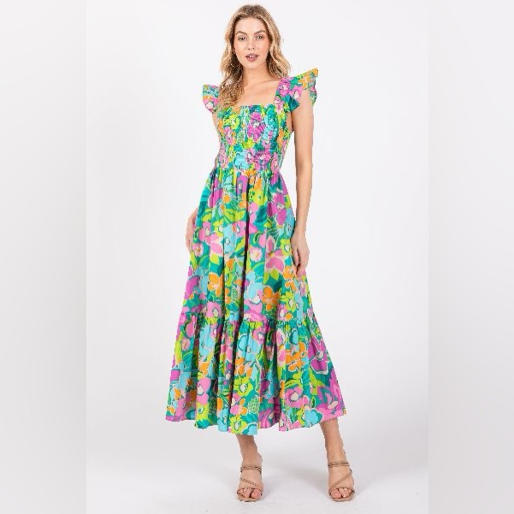 595. Smocked Floral Midi Dress